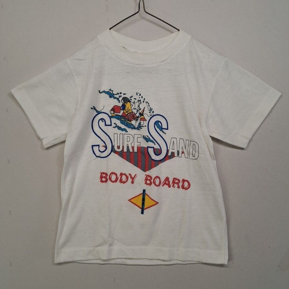 Vintage 80s Surf Sand Body Board Kids 7 Small Youth T-Shirt USA Surfing Rare